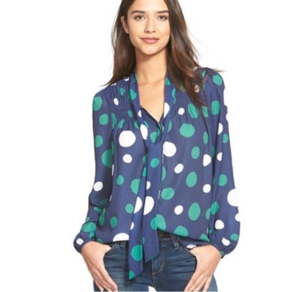 Ro & De Polka Dot Tie Neck Button Front Blouse